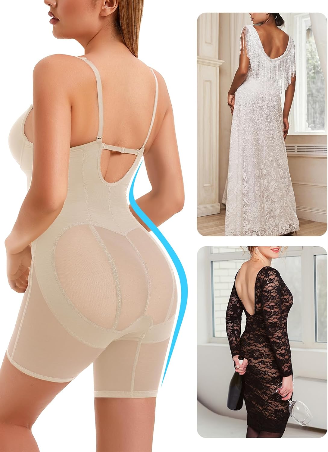 Decorus Women's Low Back Full Deep Plunge Strapless Bodysuit Mid Thigh Backless Shapewear Tummy Control Shaping Body Shaper