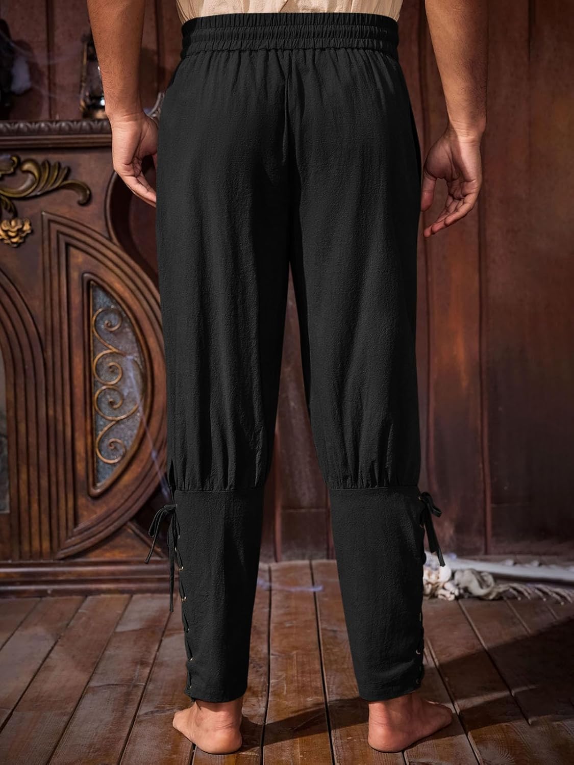 Runcati Mens Medieval Pirate Pants Renaissance Ankle Banded Viking Ren Faire Pants Lace Up Halloween Costume Trousers