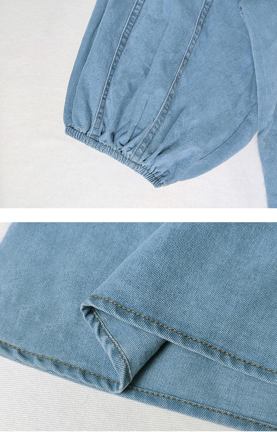 Women's Bow Design Denim Pullover Top Button Up High Neck Fashionable Jacket with Elastic and Puff Sleeves