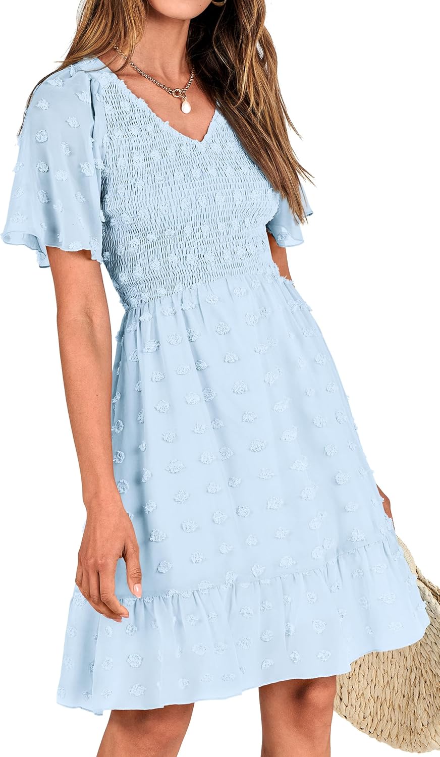 BTFBM Womens Beach Vacation Dress Summer 2025 V Neck Short Sleeve Smocked Swiss Dot Cute Ruffle Casual Fall Mini Dresses