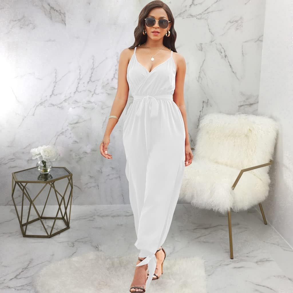 LightlyKiss Casual Summer Dressy Jumpsuits for Women Spaghetti Strap Wide Leg Split Long Pants Loose Fit Rompers