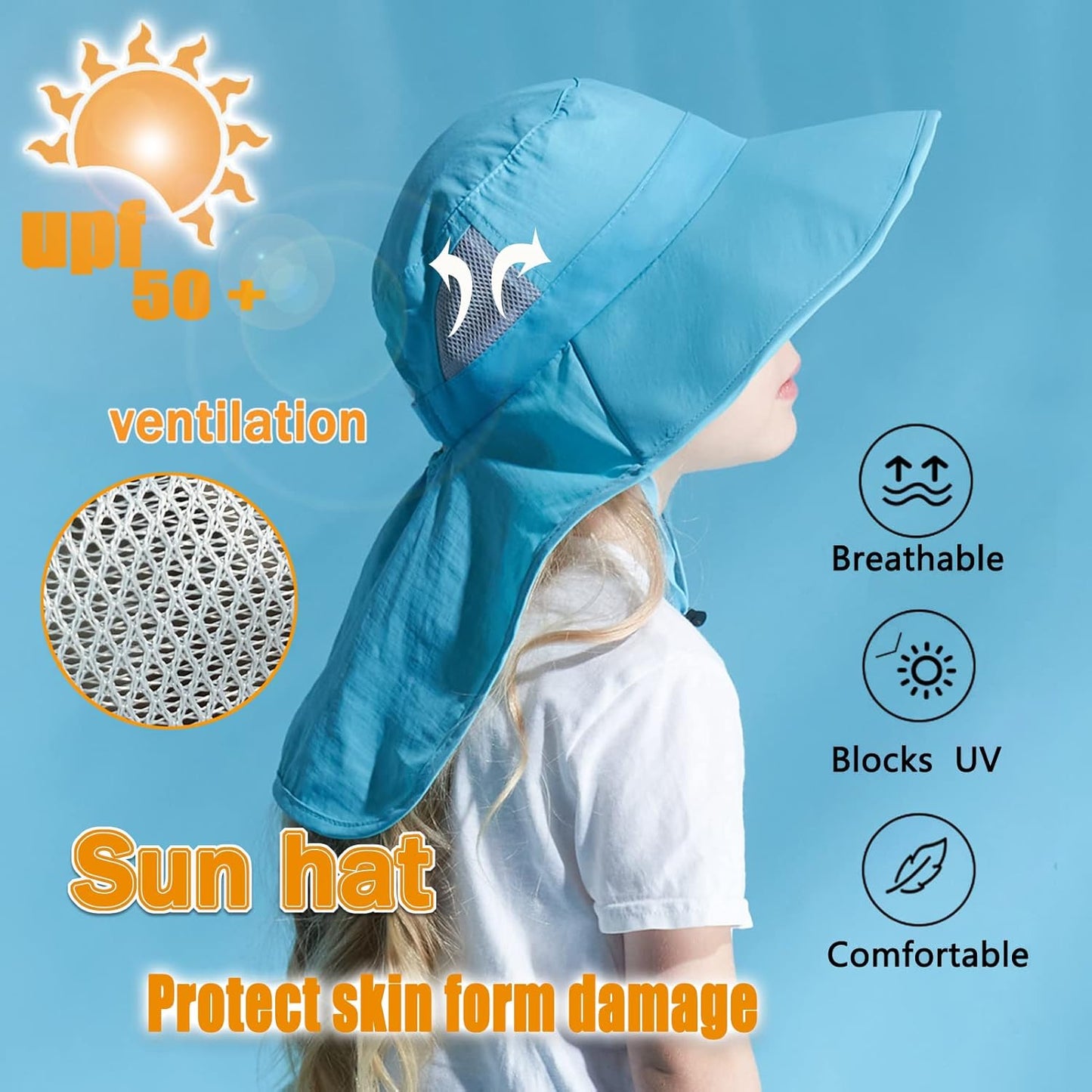 Kids Sun Hats UPF 50+ Sun Protection Hat for Kids with Neck Flap Adjustable Large Brim Beach Fishing Hat for Age 3-12