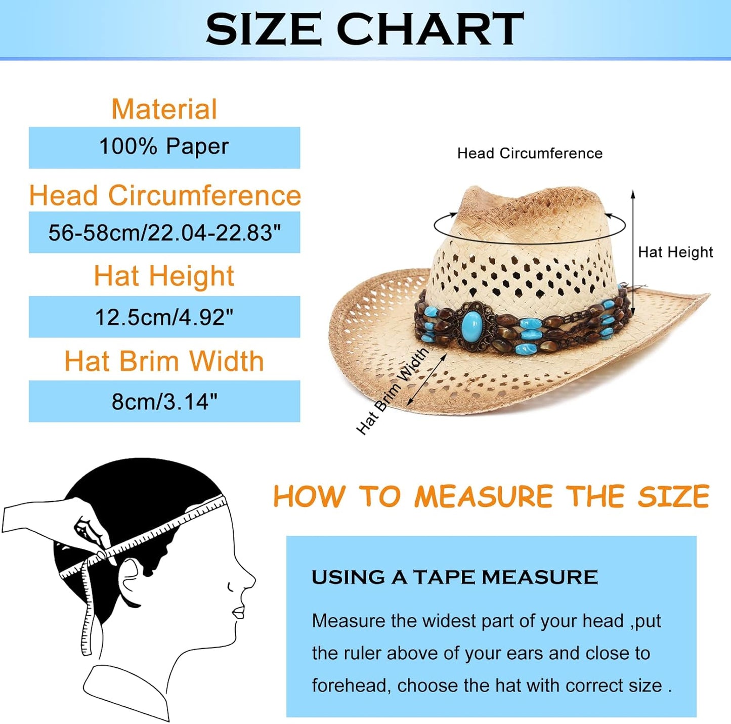 La Vogue Straw Cowboy Hat for Women Men Classic Roll up Brim Fedora Cowgirl Hat with Turquoise Belt