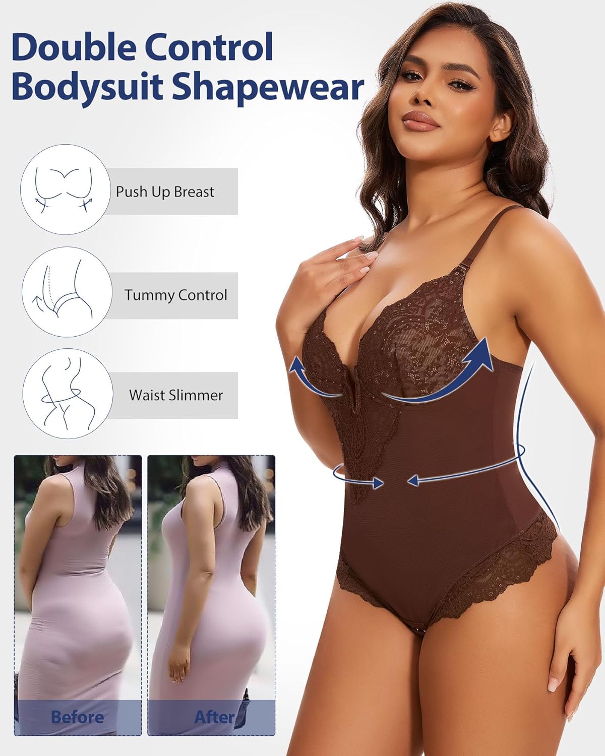 SHAPERIN Sexy Lace Shapewear Bodysuit Women's Sleeveless V Neck Tummy Control Backless Thong Tank Tops Body Suit Shaper