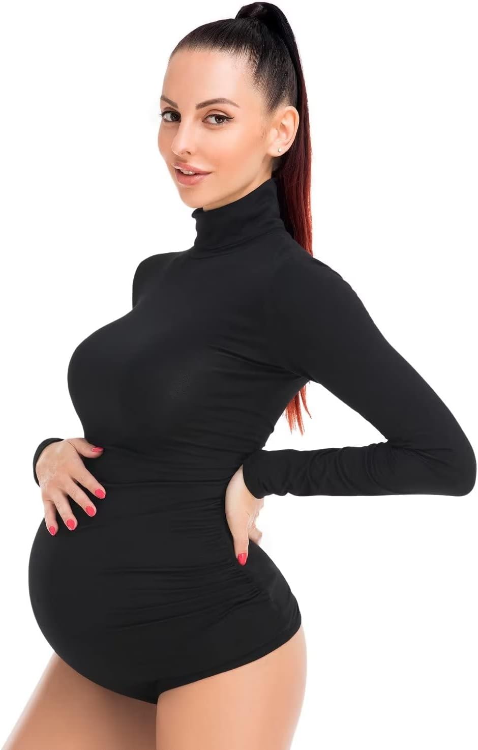 Maternity Shirt Bodysuit for Photoshoot Pregnant Women Long Sleeve Basic Top Mock Bodycon Photography