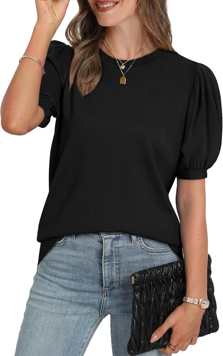 WIHOLL Women's Puff Short Sleeve Sweater 2025 Spring Summer Tops Trendy Business Casual Outfits Work Blouses Clothes