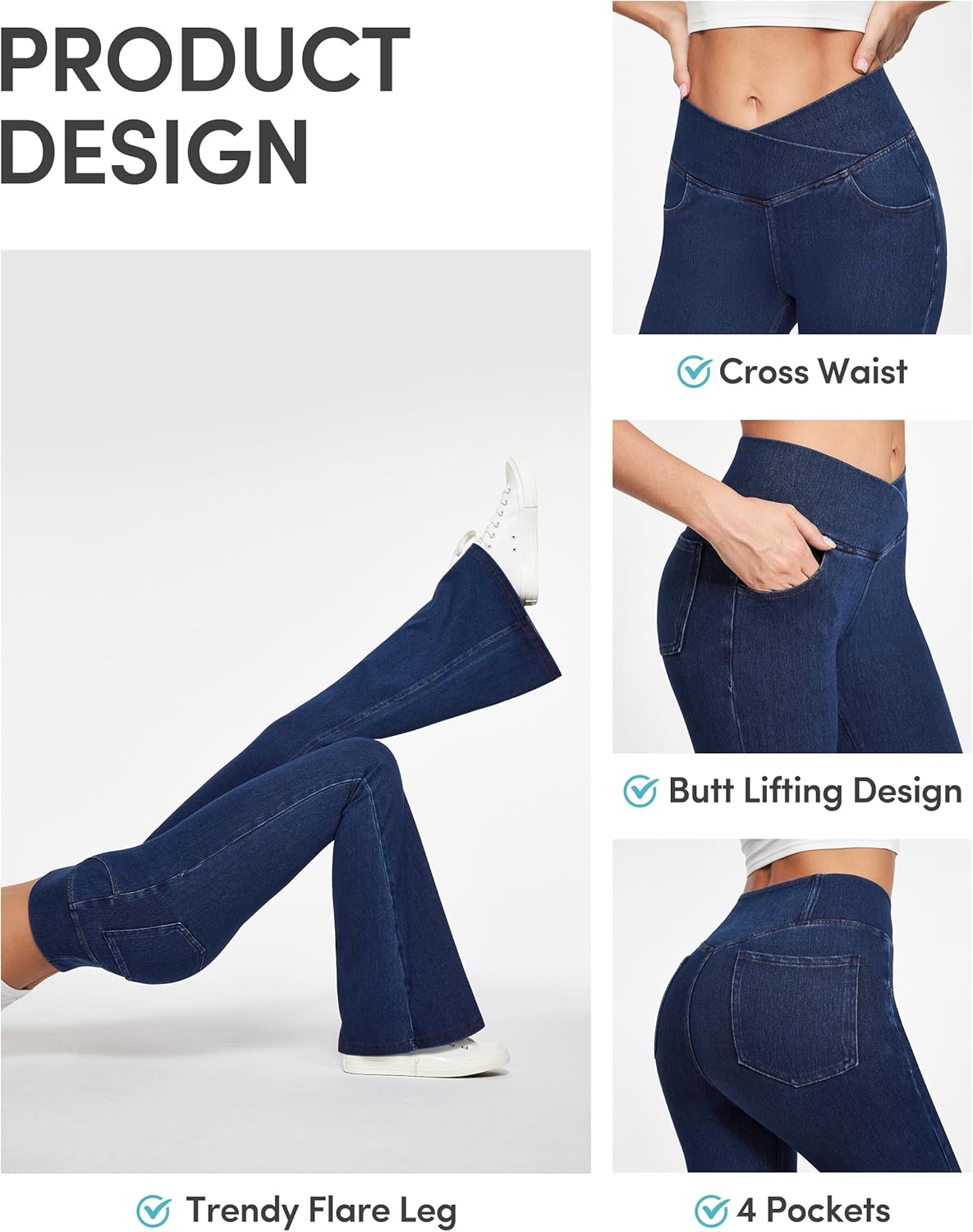 IUGA Bell Bottom Jeans for Women High Waisted Stretchy Flare Jeans Pull On Wide Leg Jean Woman V Cross Flare Leggings Pants