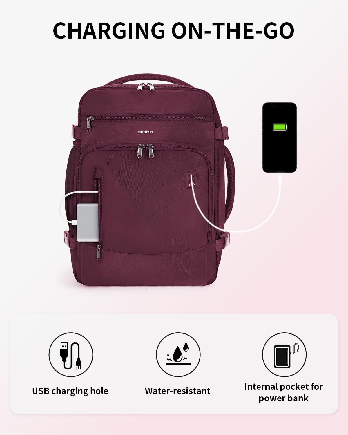 ECOHUB Travel Backpack for Women, 18x14x8 Spirit Airlines Personal Item Bag with Clear Toiletry Bag, Laptop Carry on Backpack with USB Port, Airline Approved Under Seat 14 Pockets 30L, Red