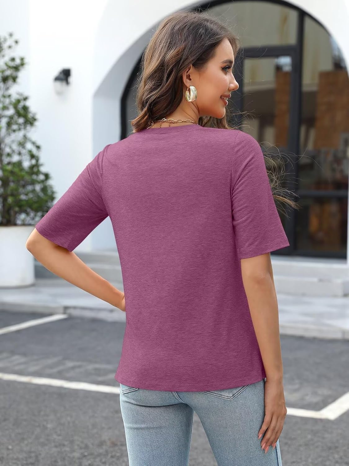 Minetom Women's V Neck T Shirts Casual Half Sleeve Tops Basic Summer Tees