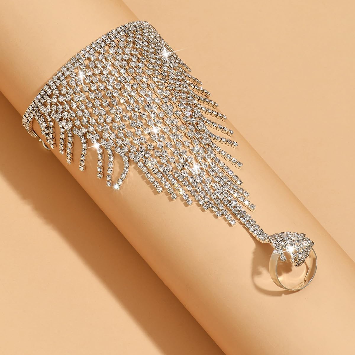 Chargances Tassle Sparkly Crystal Finger Ring Bracelet Silver Tassle Hand Chain Rhinestone Bangle Wedding Hand Harness Hand Accessories for Women (Style 2)