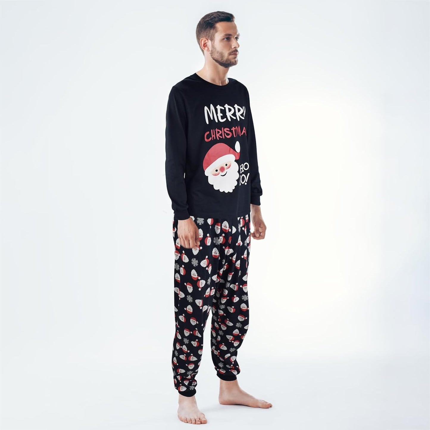 SkiBeaut Couple Christmas Pajamas Xmas Santa Long Sleeve Sleepwear PJS Matching Set for Men Women
