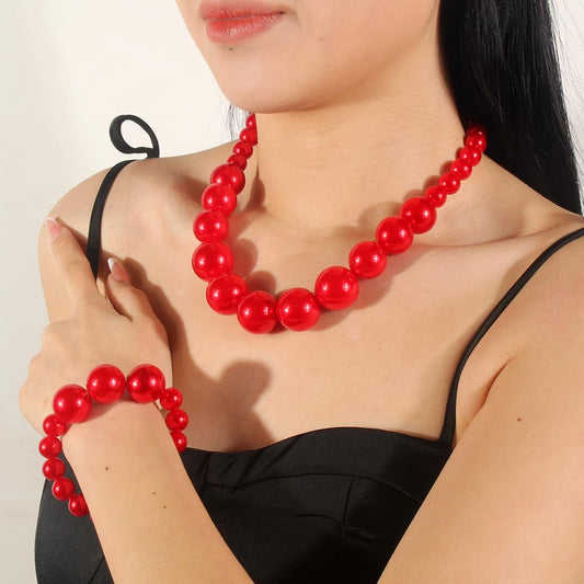 KOSMOS-LI Women's Large Big Simulated Pearl Statement 19" Necklace Bracelet and Earrings Jewelry Set