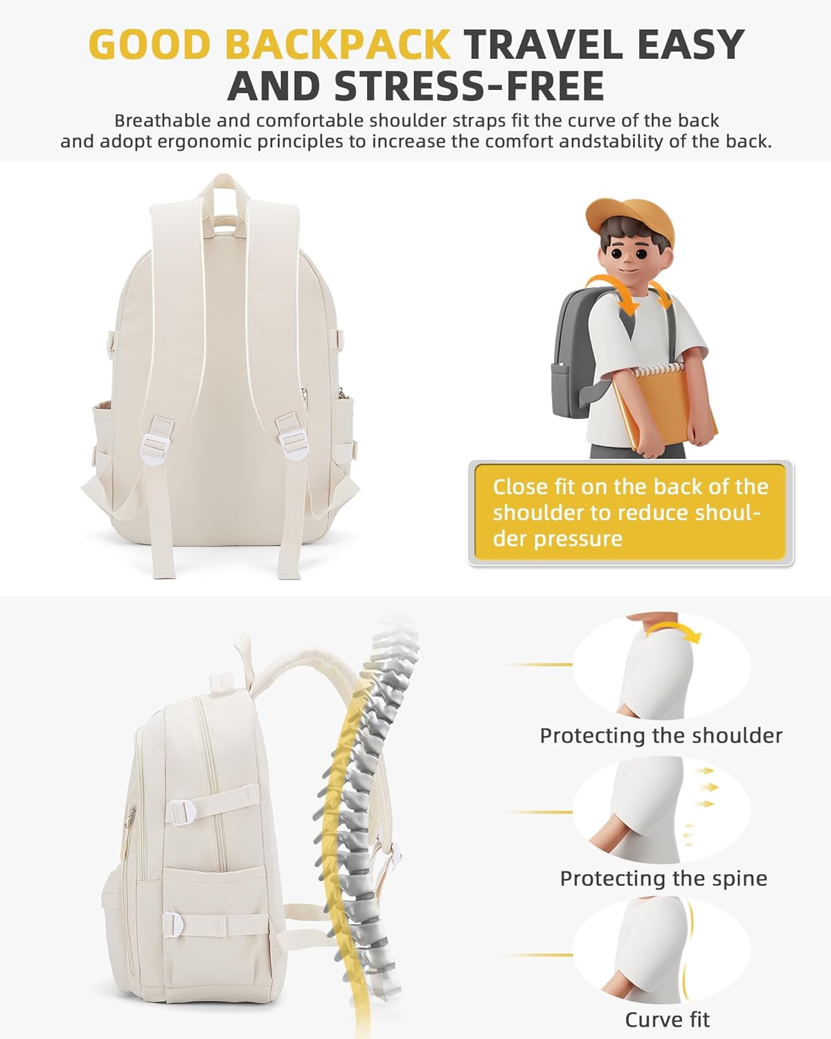 Lightweight Backpack for Women, Large Laptop Travel Backpack Casual Daypack College Bag Rucksack for Men. Beige