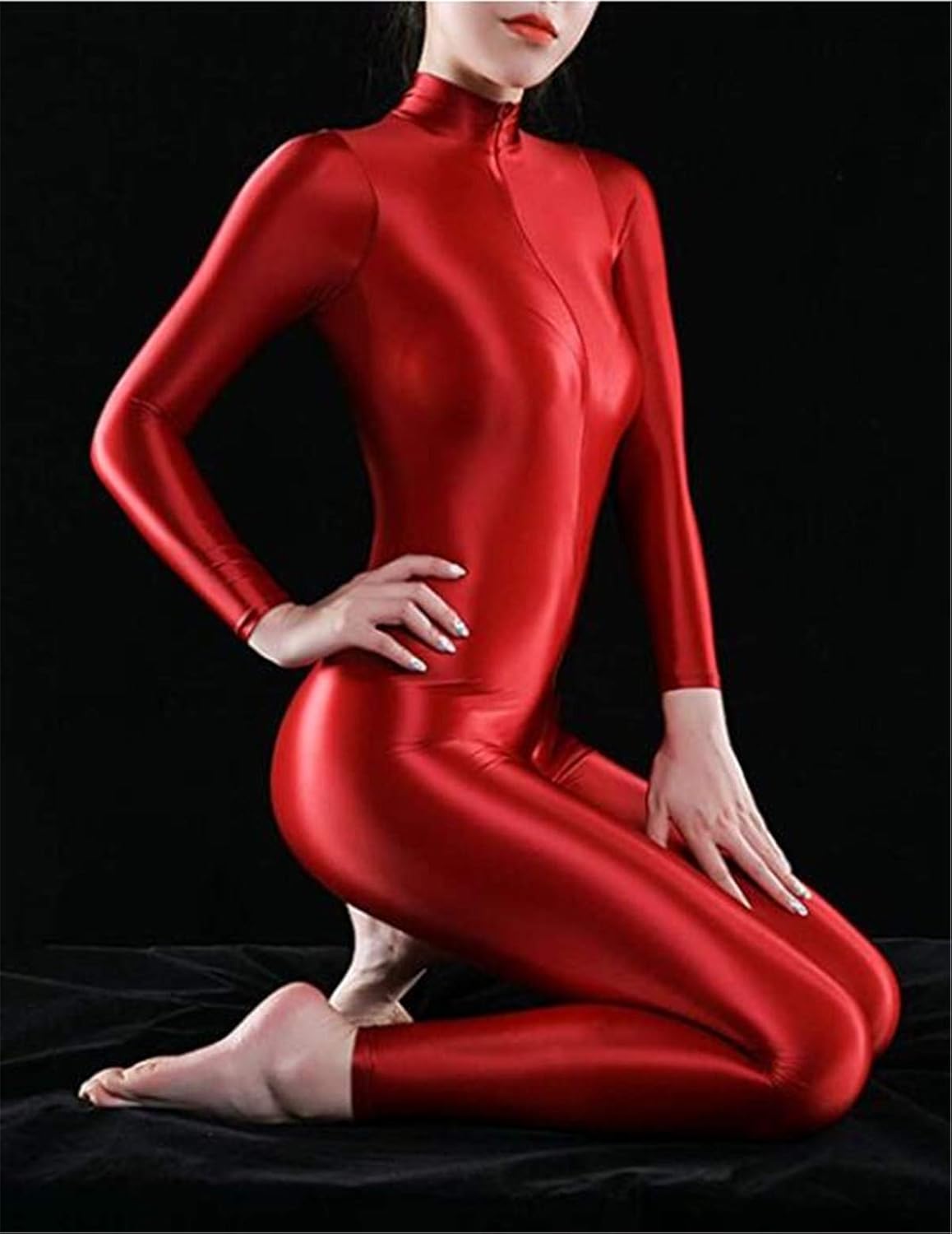 Xinxin Woman's Shimmery High Neck Long Sleeve Footless Zipper Bodysuit Catsuit Unitard Zentai Costume
