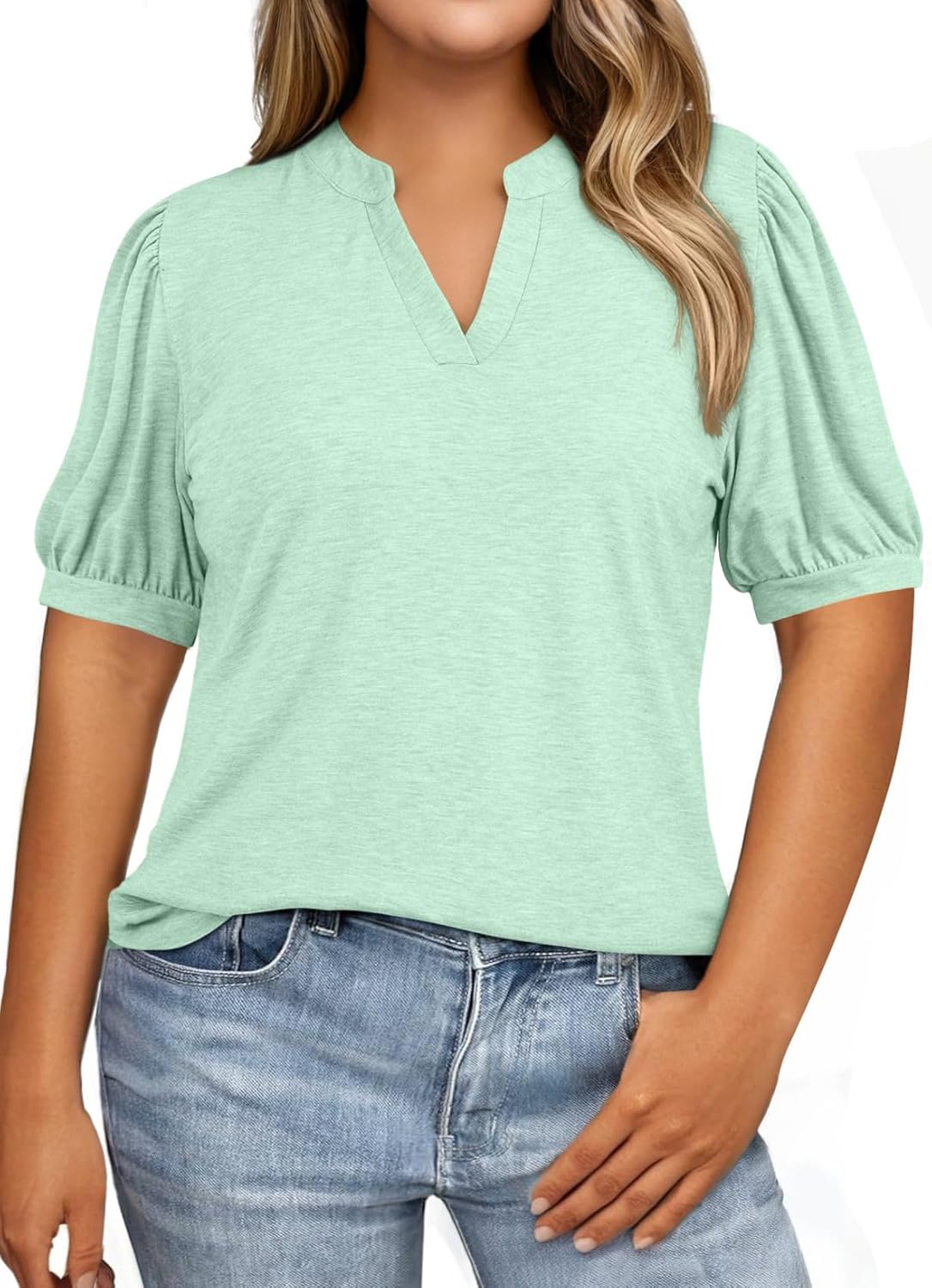 Eytino Womens Plus Size Tops V Neck Puff Short Sleeve Summer Loose Casual Solid Tees Shirts(1X-5X)