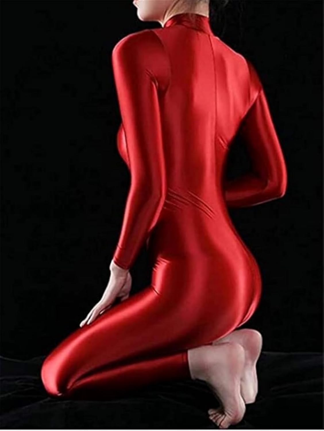 Xinxin Woman's Shimmery High Neck Long Sleeve Footless Zipper Bodysuit Catsuit Unitard Zentai Costume