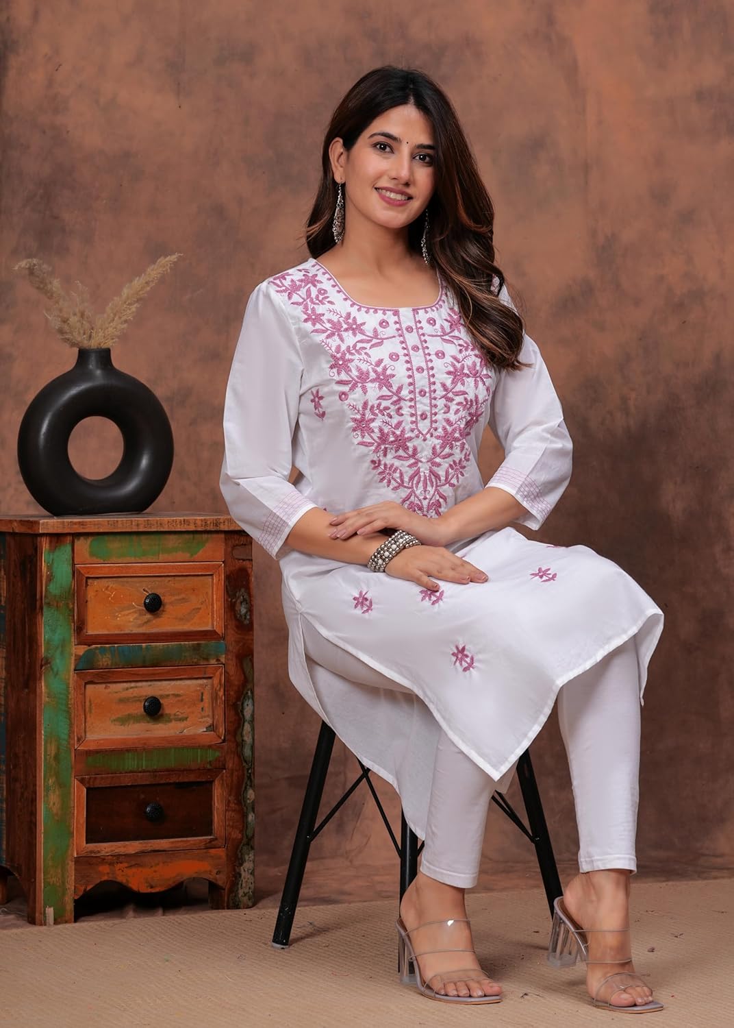 JG JAI GOVINDAM Indian Hand Embroidered Kurti for Women Chikankari Straight Cotton Long Kurti's Tunic Kurta Dreses for Women