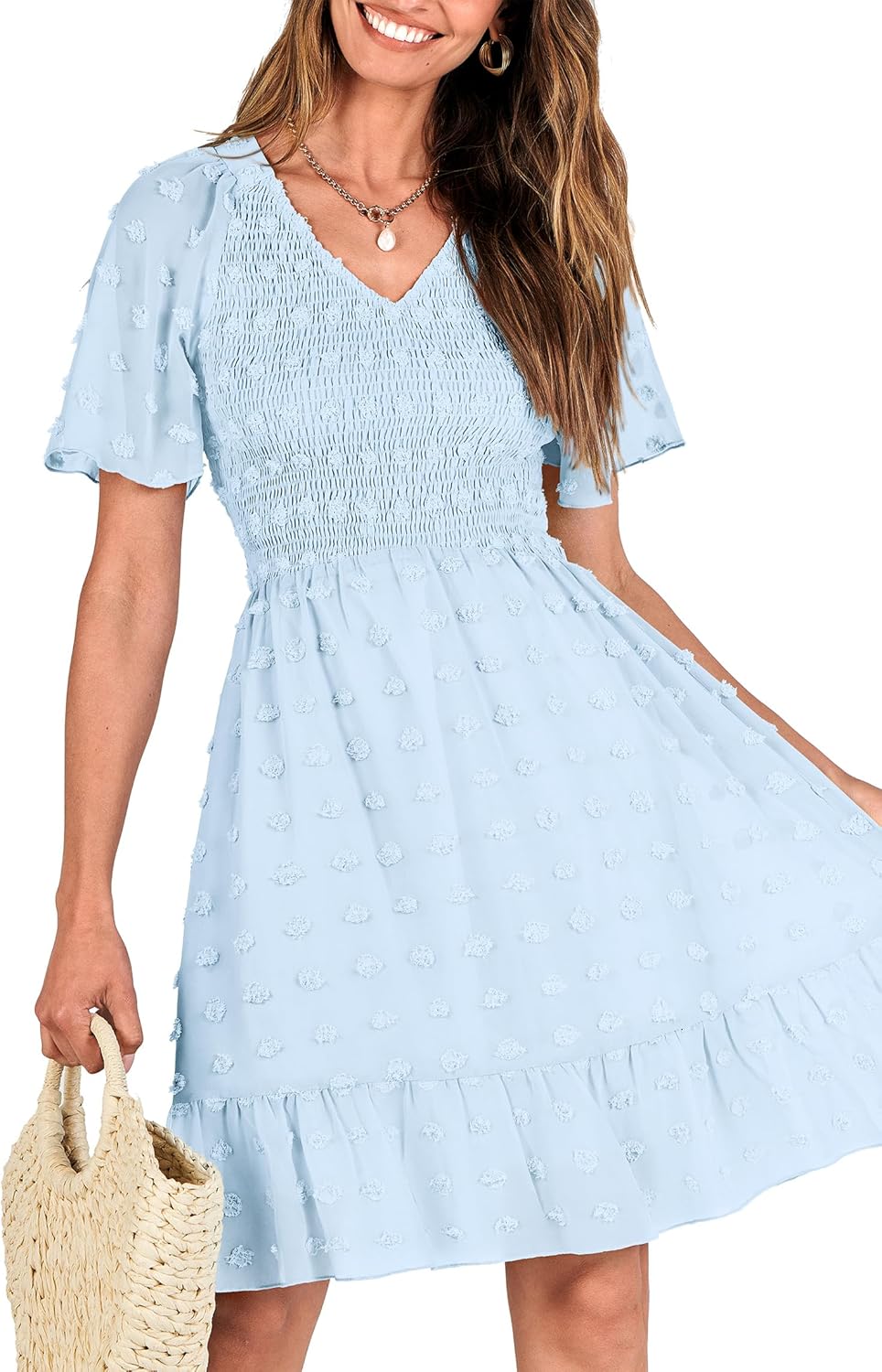 BTFBM Womens Beach Vacation Dress Summer 2025 V Neck Short Sleeve Smocked Swiss Dot Cute Ruffle Casual Fall Mini Dresses