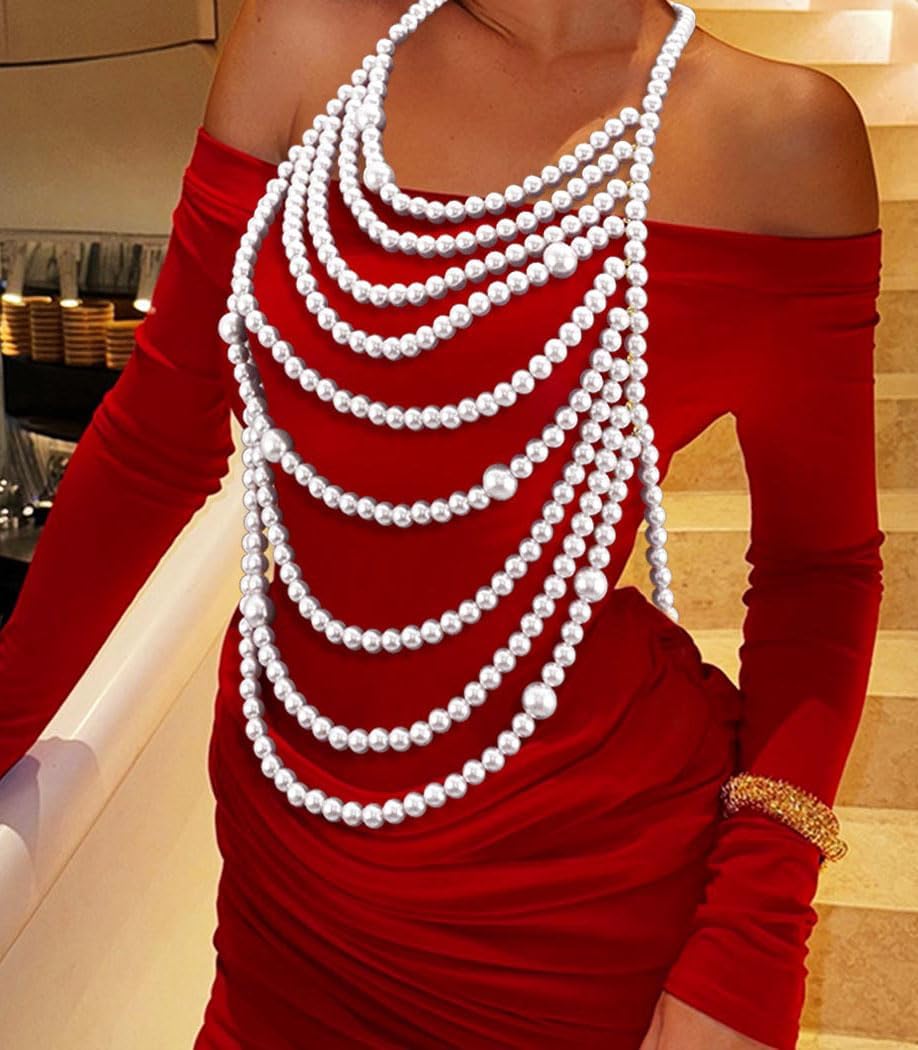 Uranian Pearl Body Chains Top Pearl Bra Chain Layered Shoulder Chain Necklaces Halter Chest Chains Beach Bikini Body Jewelry for Women