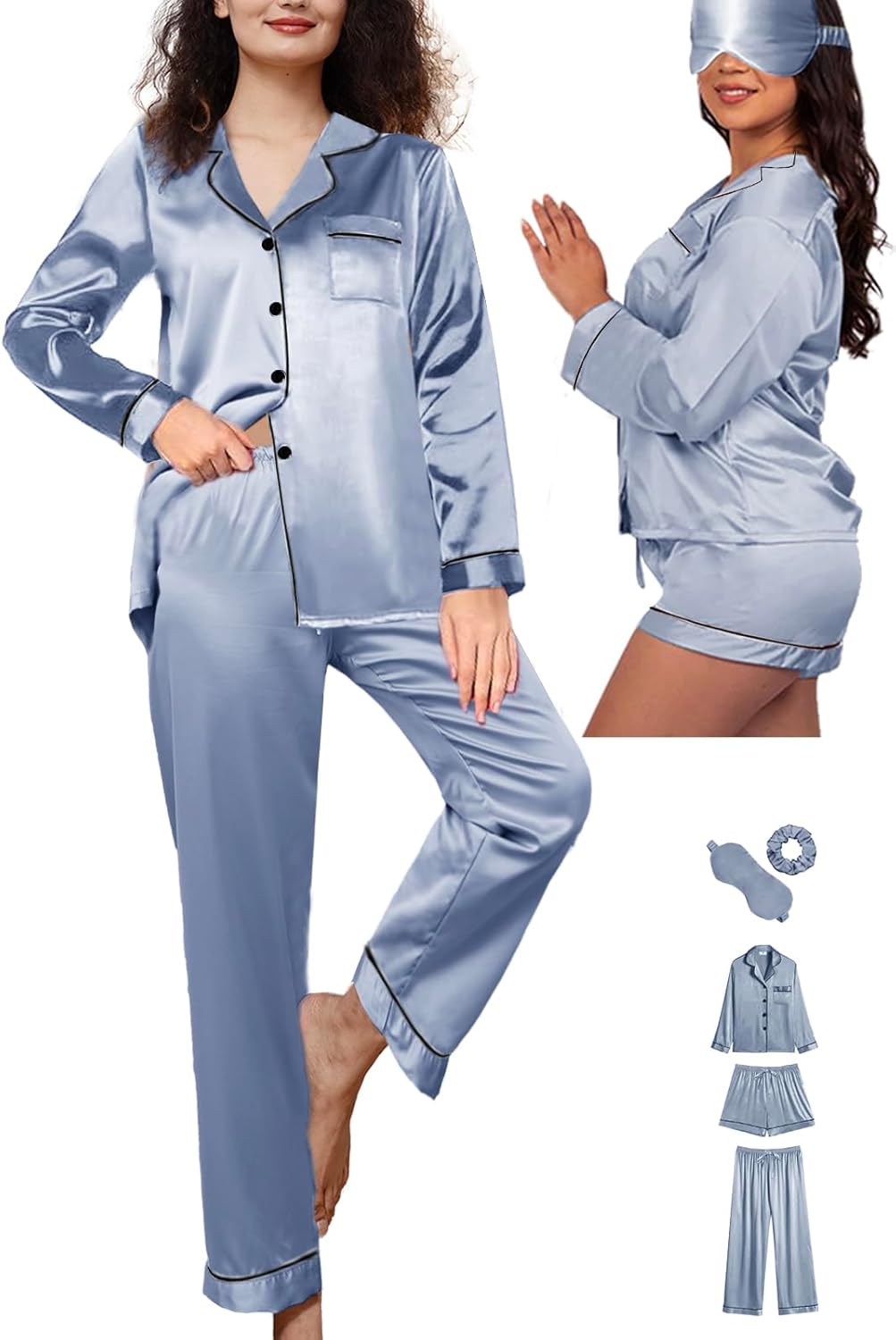 5Pcs XS-XXL Womens Silk Satin Pajamas Sets Long Pj Sets Button Down Pjs Set Loungewear Sleepwear