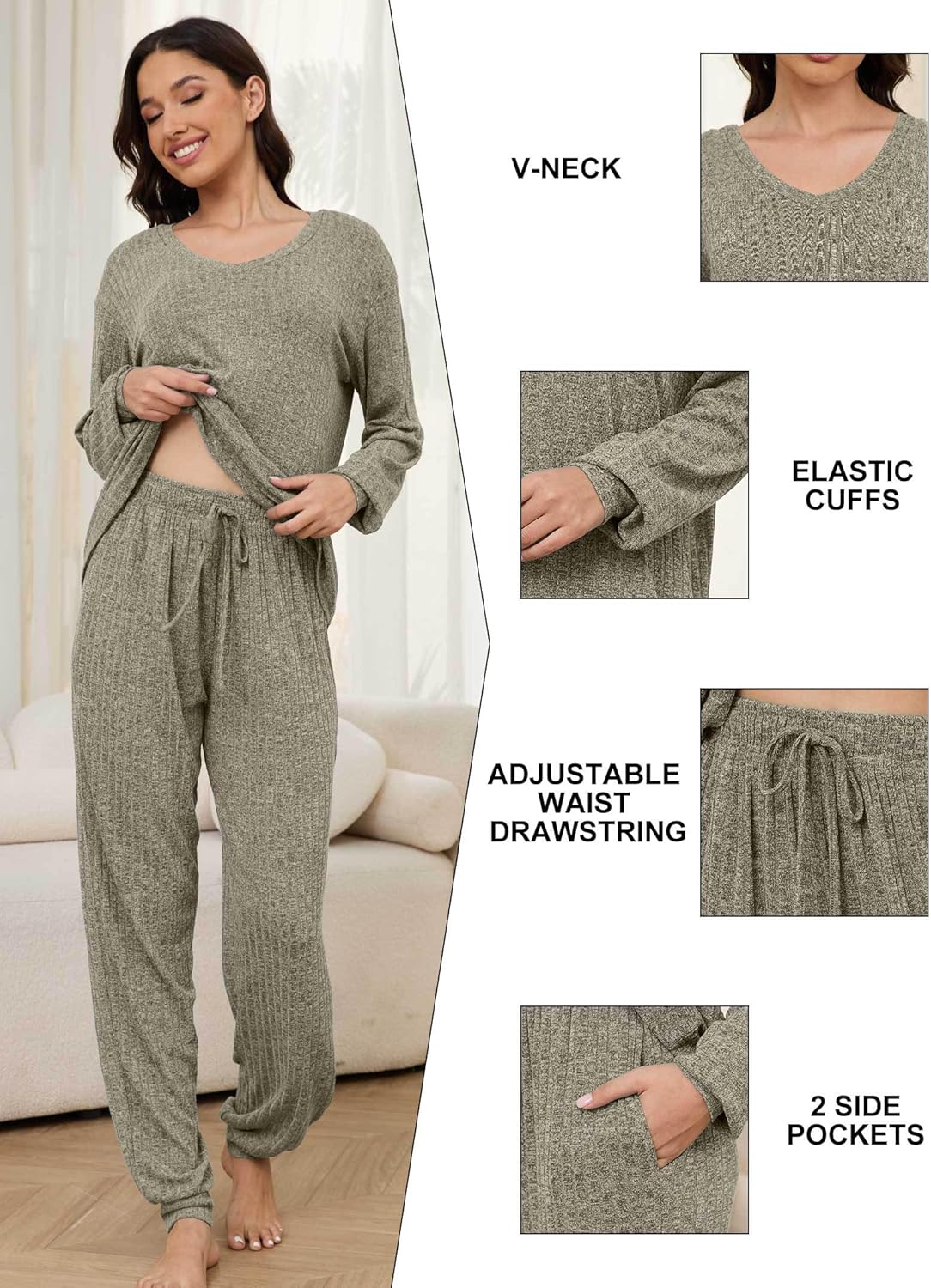 Hellomamma Women Pajama Sets 2 Piece: Long Sleeve Lounge Sets Pjs Casual Ladies Fall Outfit Pj Sleepwear With Pockets