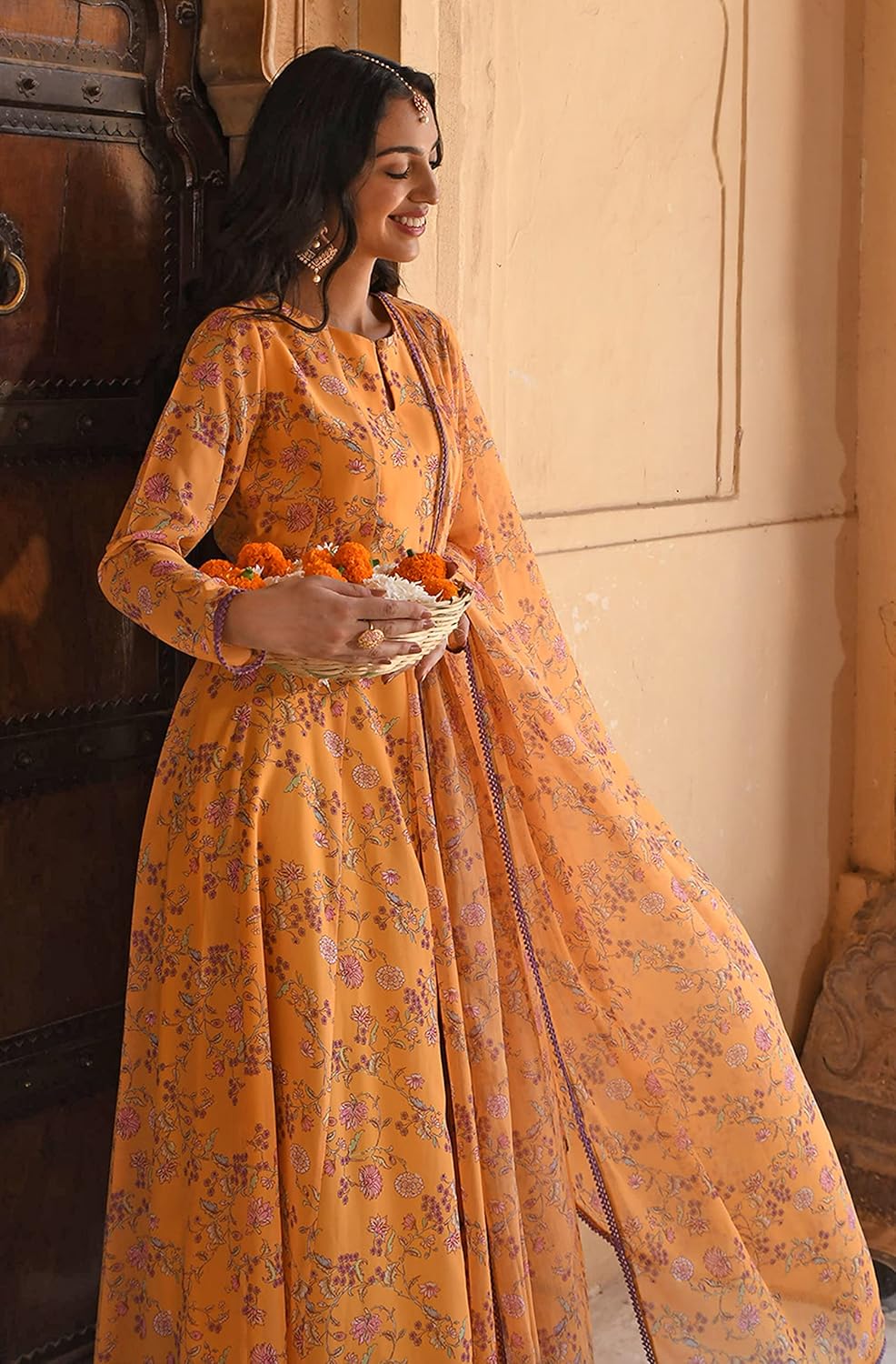 Janasya Indian Women's Yellow Flowy Printed Kurta Kurti Top Tunic Festive Evening wear Kurta Set with Dupatta for Women