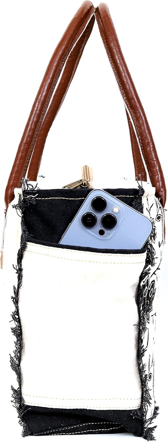 13 Inch Upcycled Canvas & Genuine Leather Hobo Tote Bag – Zipper Closure, Cotton Lining, Eco-Friendly Boho Shoulder Handbag