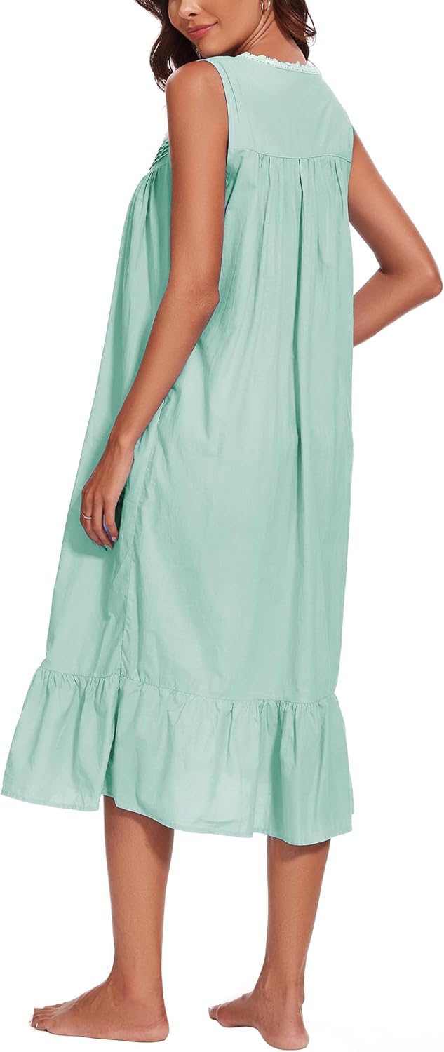 AVIIER 100% Cotton Nightgowns for Women Sleeveless Sleep Dress Ladies Gowns Sleepwear with Pockets