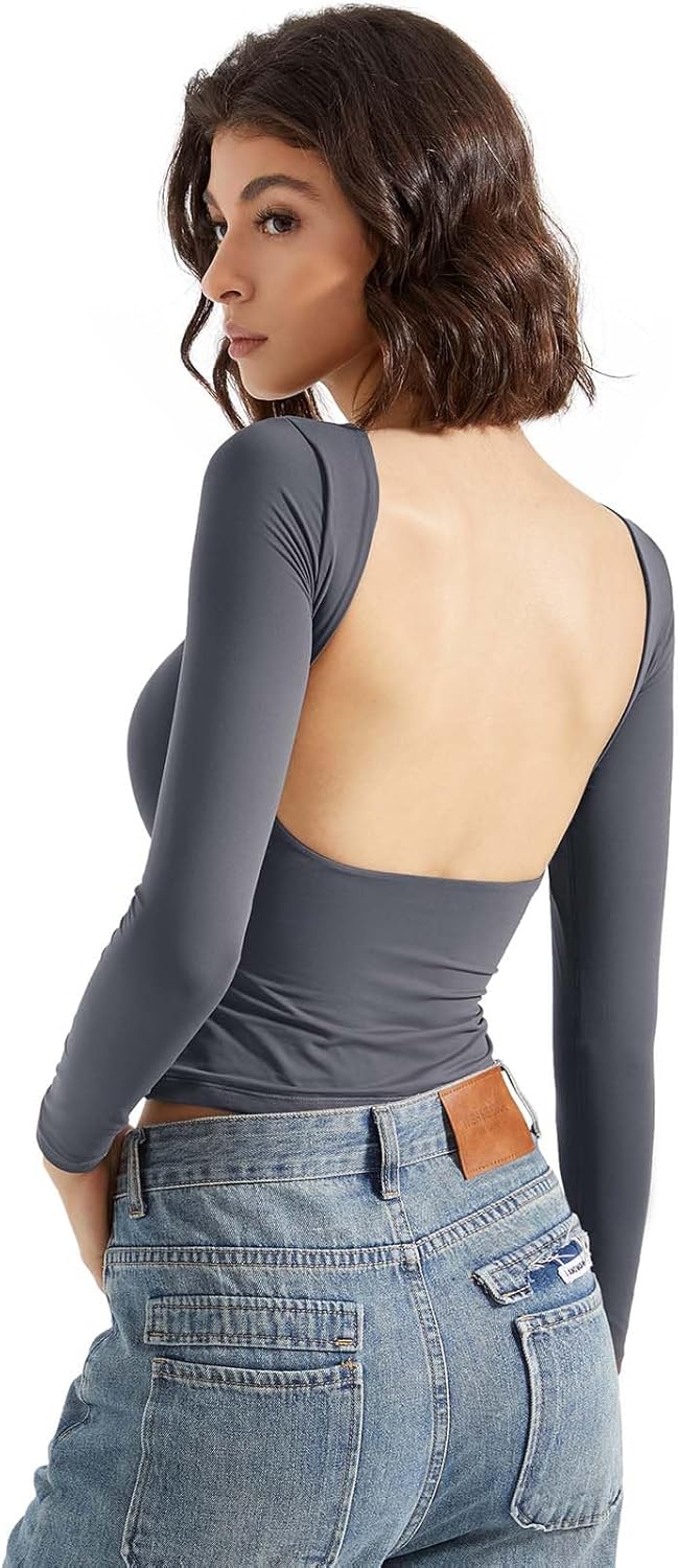 SUUKSESS Women Backless Going Out Tops Double Lined Open Back Basic Long Sleeve