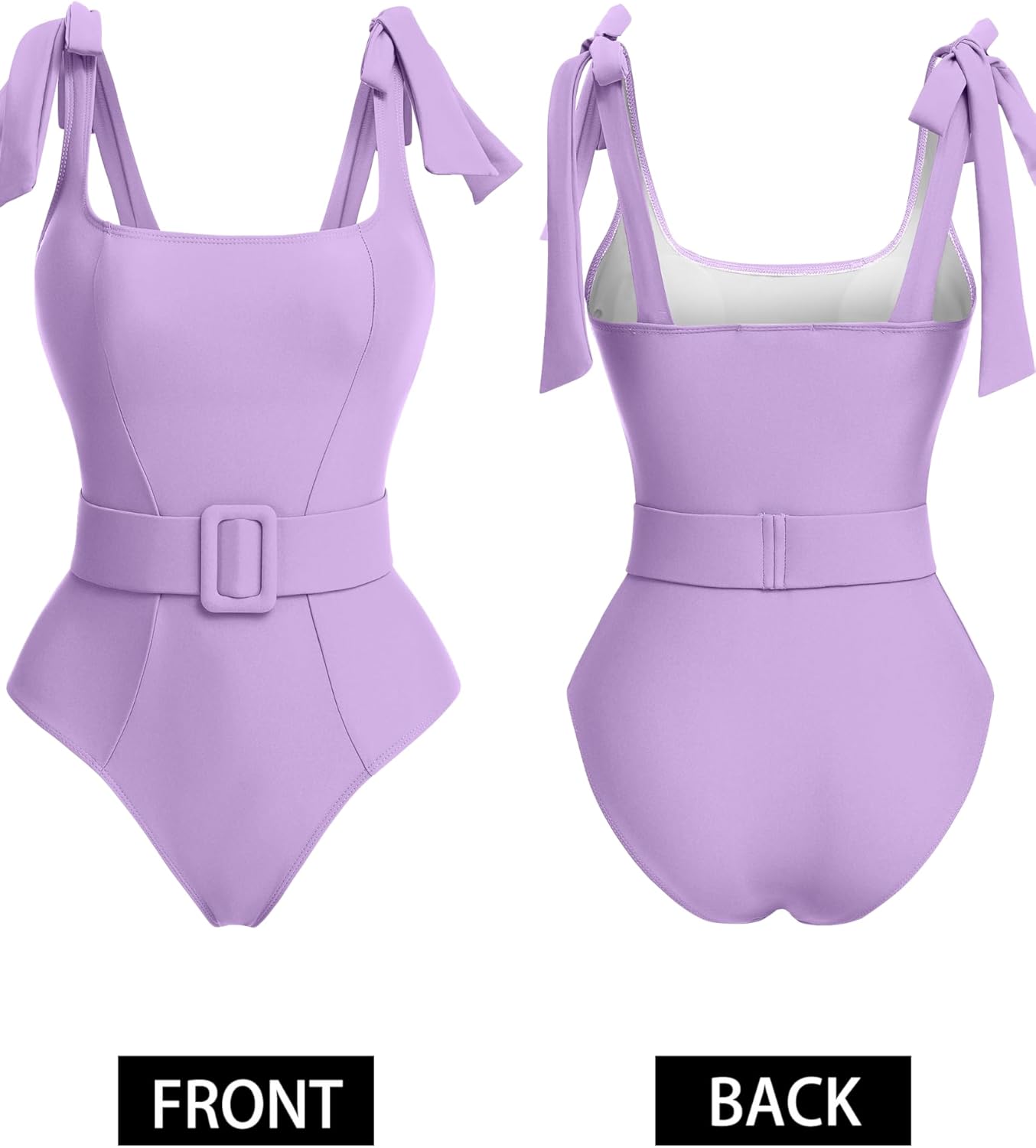 AI'MAGE Womens One Piece Swimsuit Belted 2024 Tummy Control Bathing Suits Square Neck Tie Shoulder Swim Suits Purple L