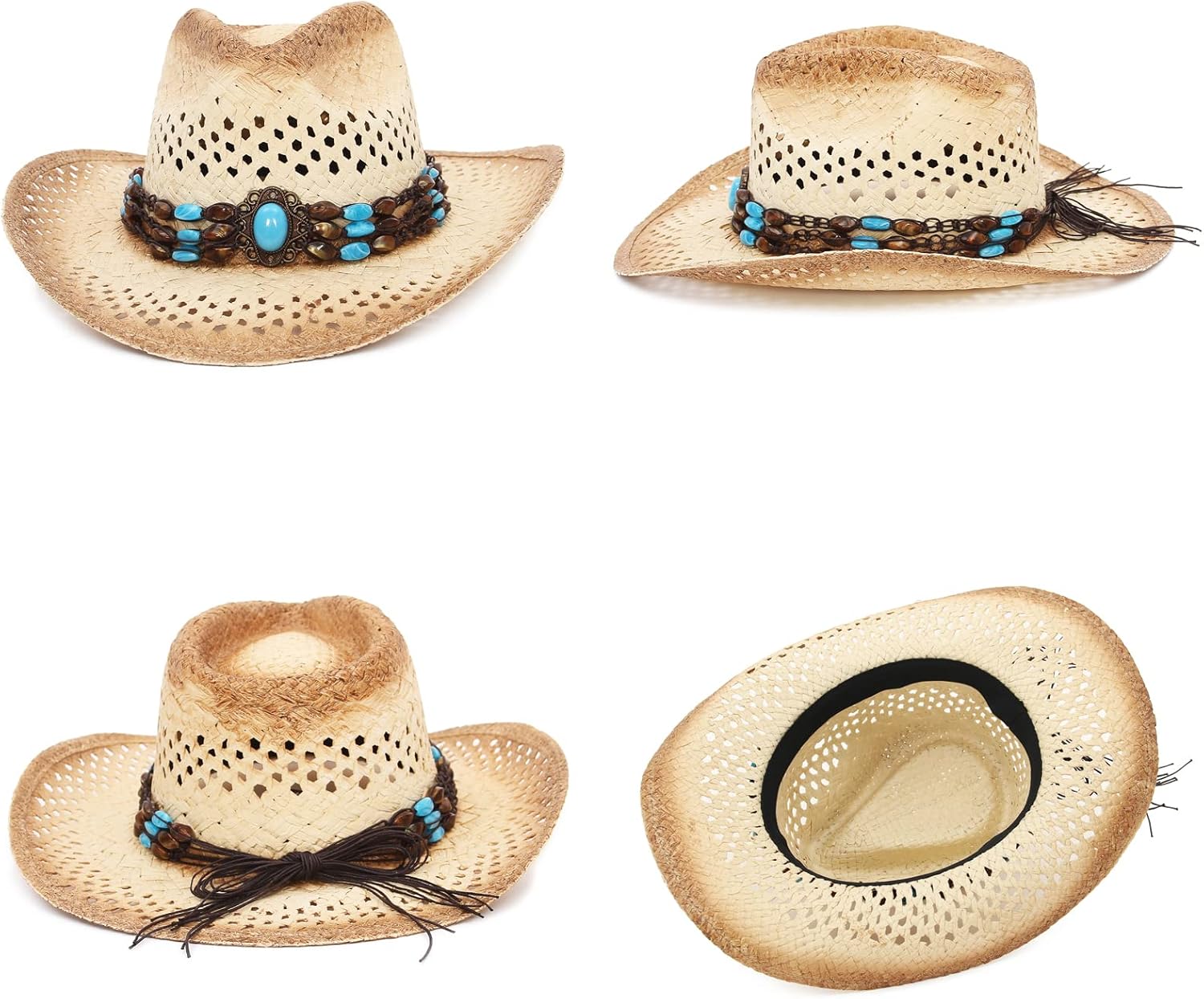 La Vogue Straw Cowboy Hat for Women Men Classic Roll up Brim Fedora Cowgirl Hat with Turquoise Belt