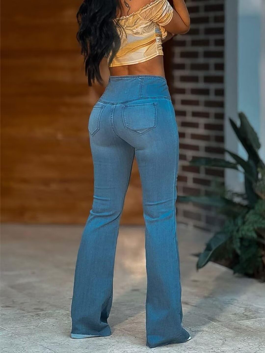 Flamingals Flared Wide Leg High Rise Casual Wash Wrap Denim Jeans Mid Blue 3XL
