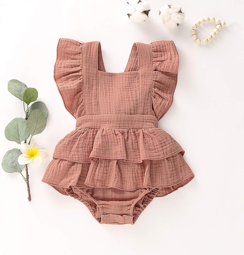 Douhoow Infant Baby Girl Romper Baby Ruffle Bodysuit Jumpsuit One-Piece Cotton Linen Clothes