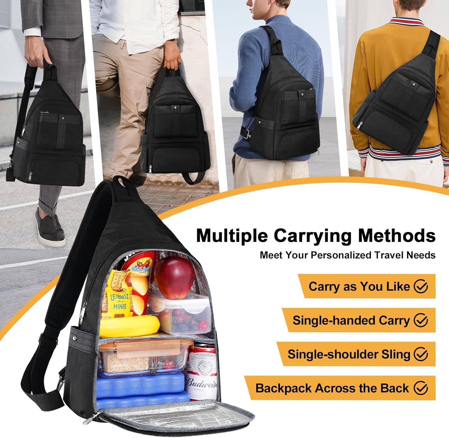 Crossbody Lunch Backpack, Double Deck Large Insulated Lunch Box for Men Women Adult, Leakproof Lunchbox with Side Pokets for iPad, Small Cooler Bag for Work Office Hiking Beach Picnic, Black