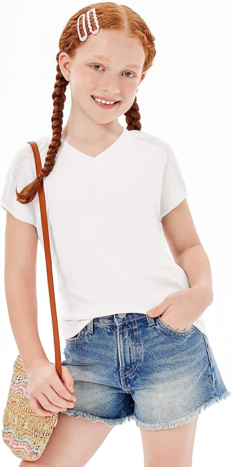 Haloumoning Girls V Neck T-Shirts Kids Summer Swiss Dot Short Sleeve Tops Cute Fashion Tees 5-14 Years