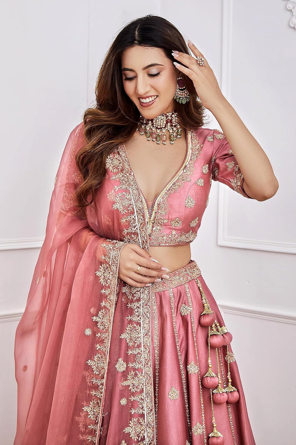 TRENDMALLS Satin Embroidery Sequence Work Lehenga Choli Unstitch Blouse with Dupatta For Women (L257-DarkPeach-FreeSize)