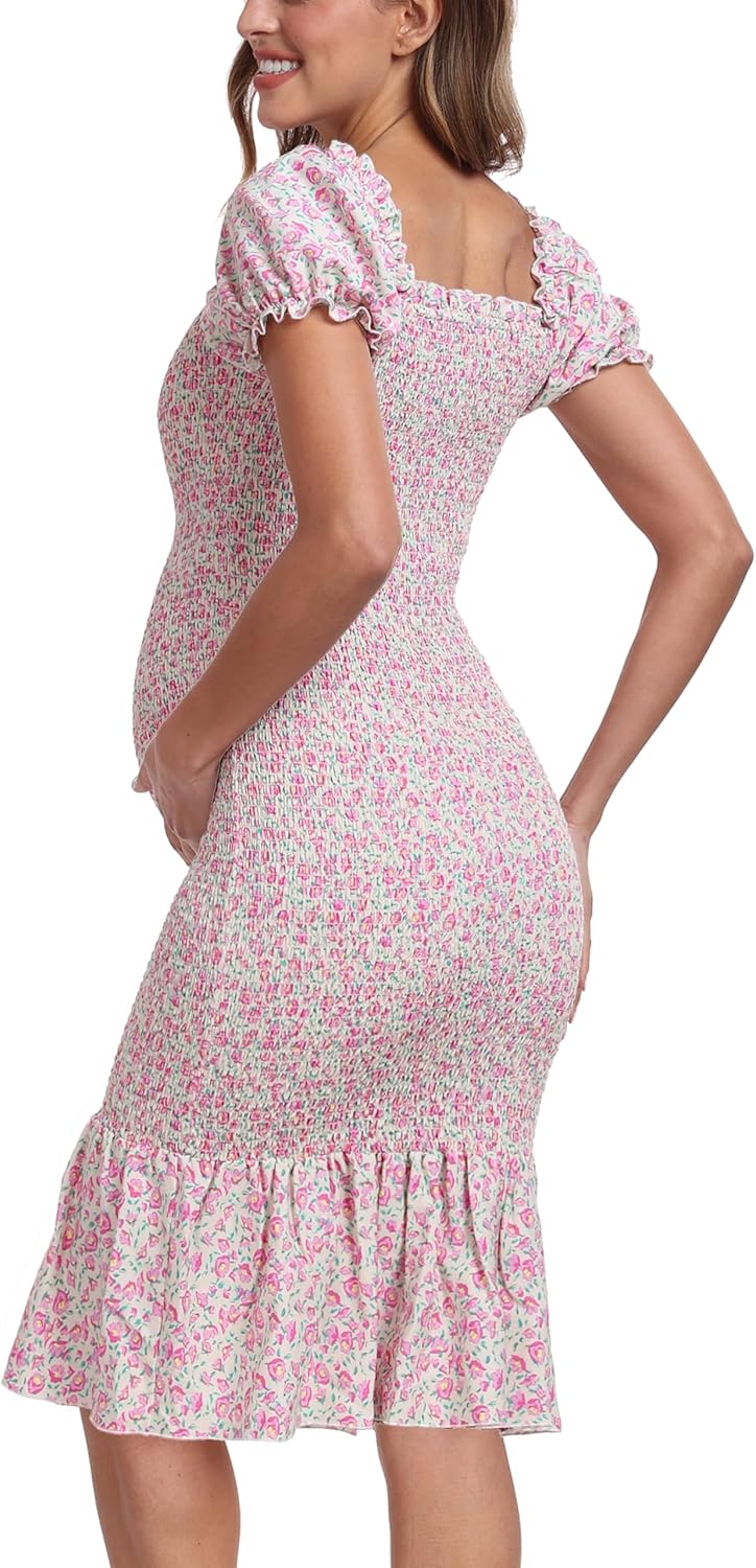 Summer Floral Midi Bodycon Maternity Dresses, Short Puff Sleeve Square Neck Ruffle Hem Mermaid Baby Shower Dress