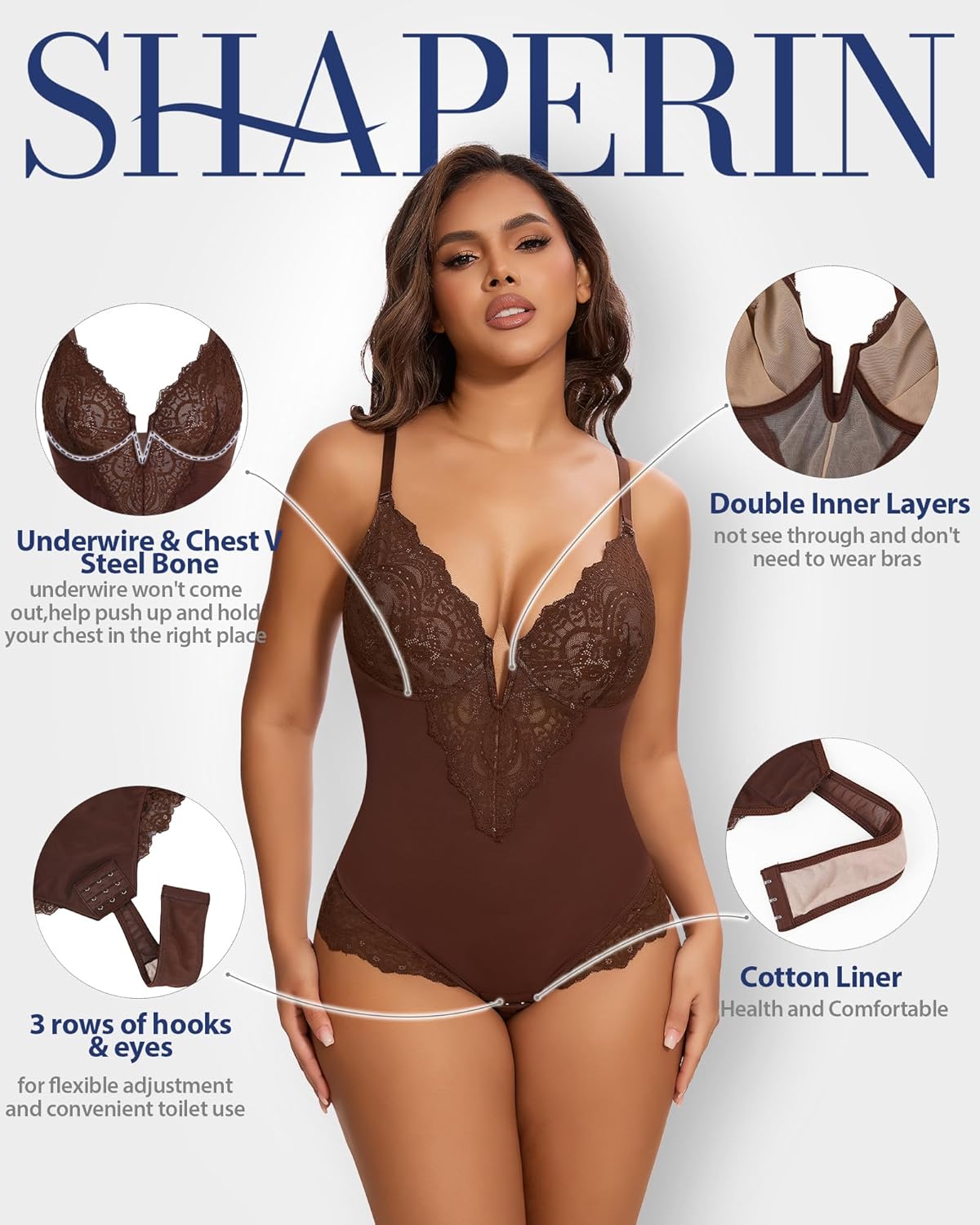SHAPERIN Sexy Lace Shapewear Bodysuit Women's Sleeveless V Neck Tummy Control Backless Thong Tank Tops Body Suit Shaper
