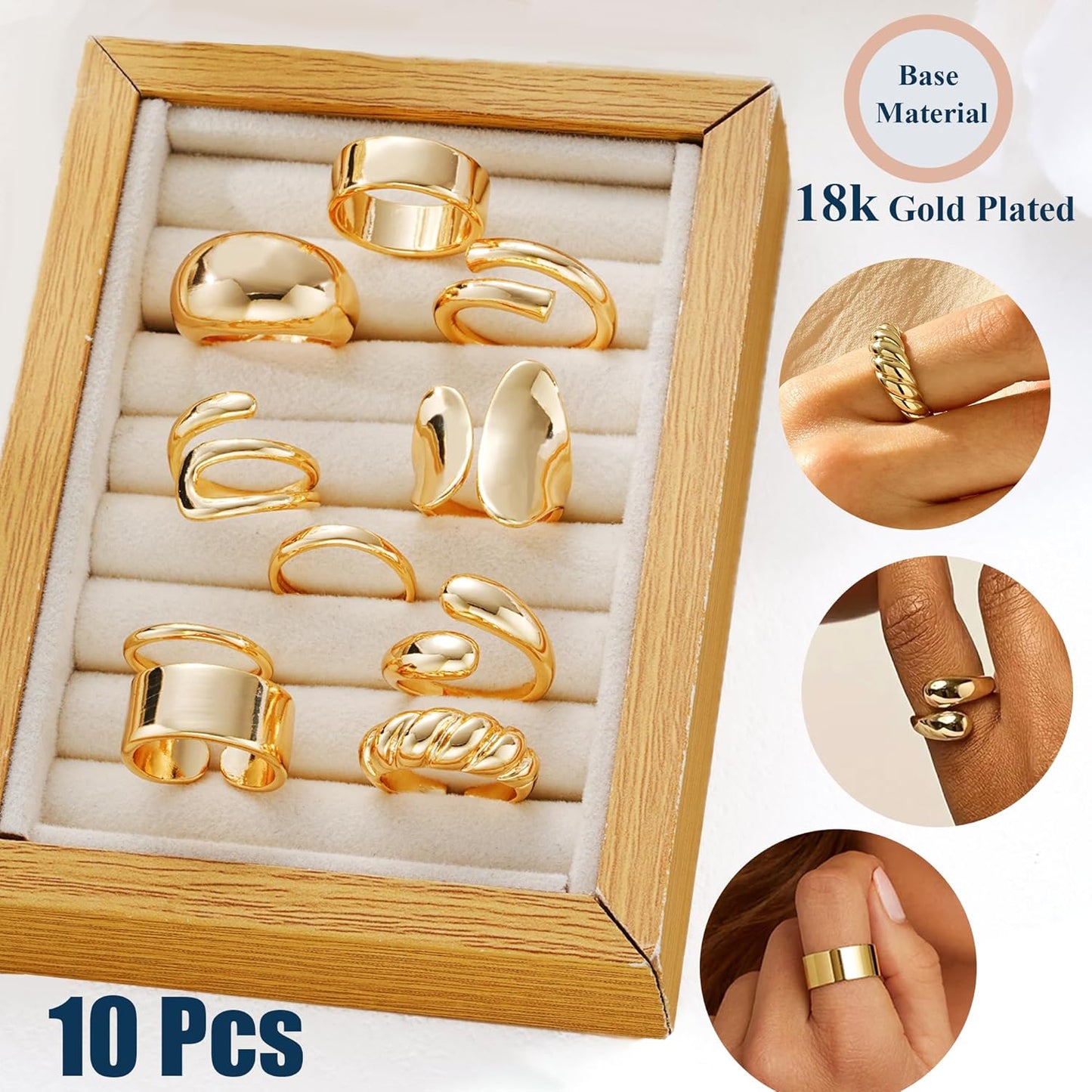 ÌF ME 10 PCS Gold Rings Set for Women Non Tarnish, 18K Gold Plated Chunky Stackable Rings, Statement Stacking Womens Ring Pack