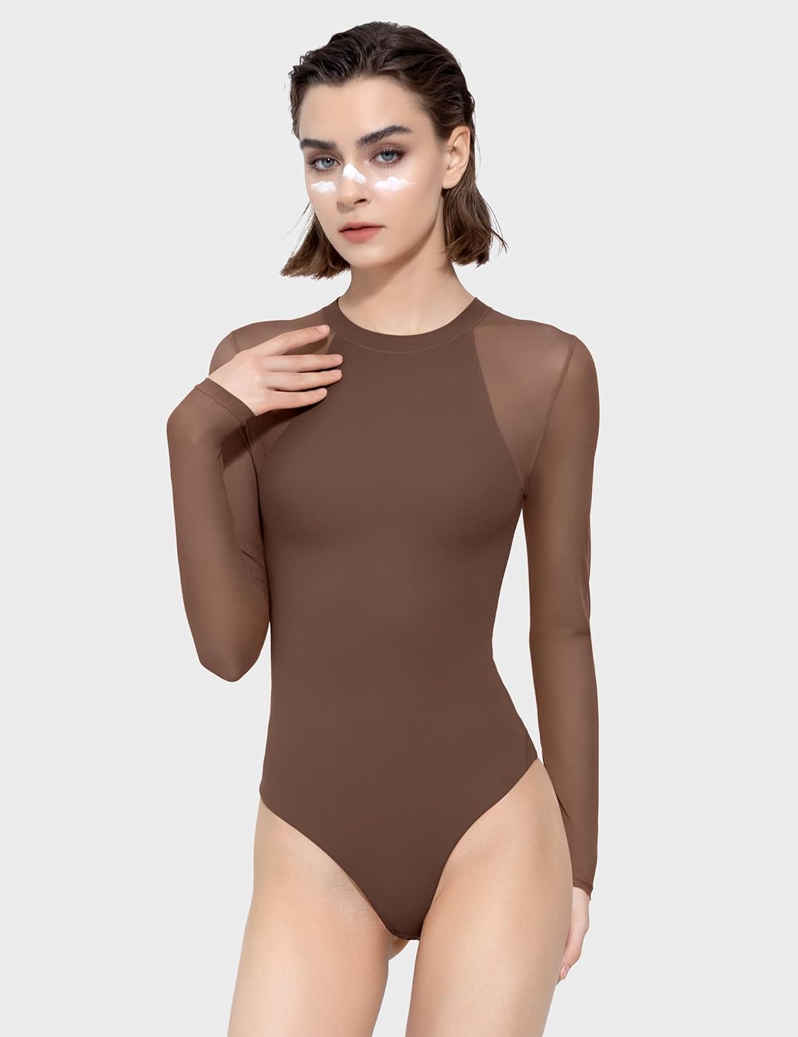 PUMIEY Mesh Long Sleeve Bodysuit for Women Crew Neck Body Suits Sexy Sheer Tops Smoke Cloud Collection