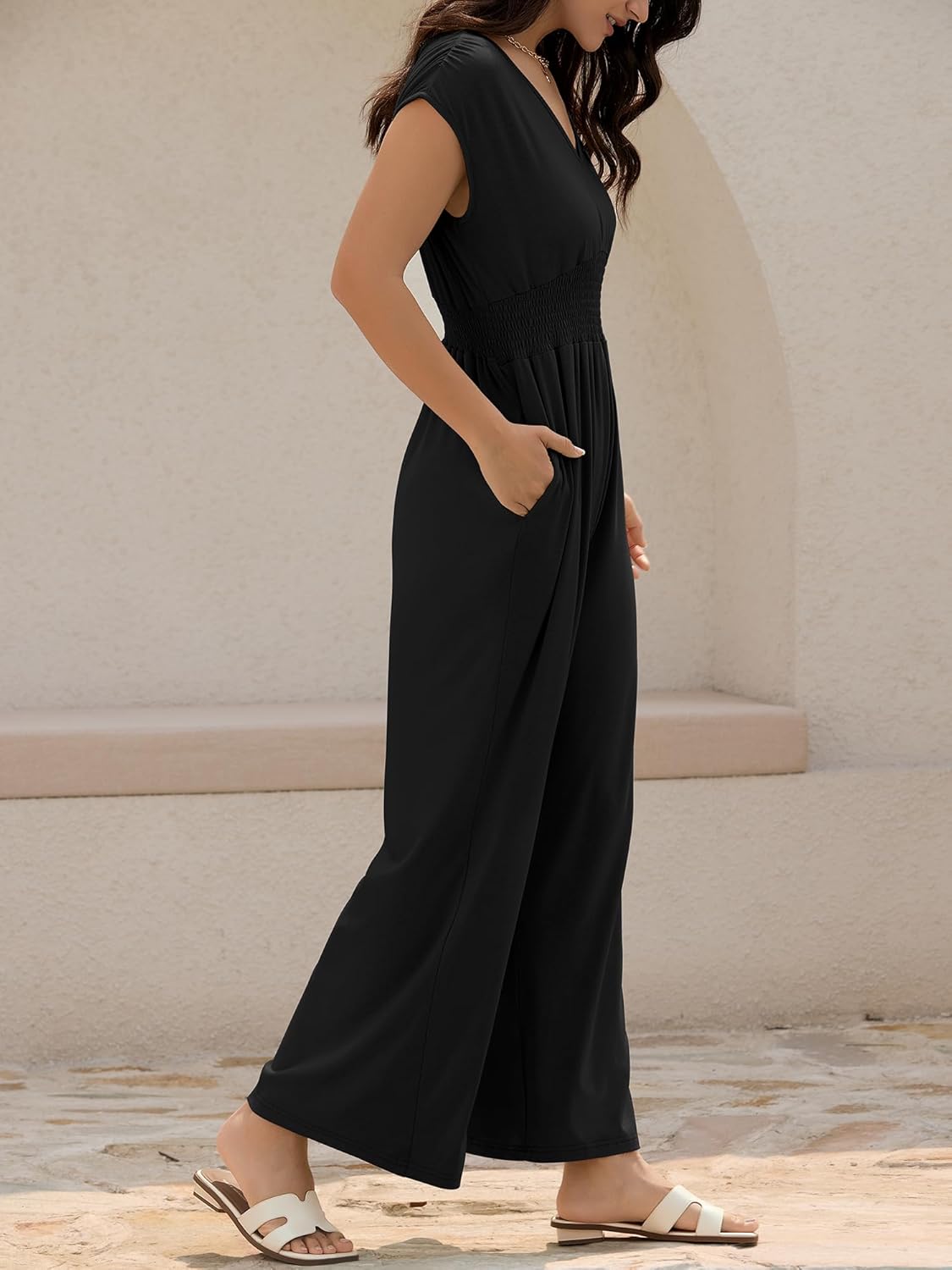 ZAFUL Womens Summer Jumpsuits 2025 Smocked Waist Dressy Casual One Piece Outfits with Pockets