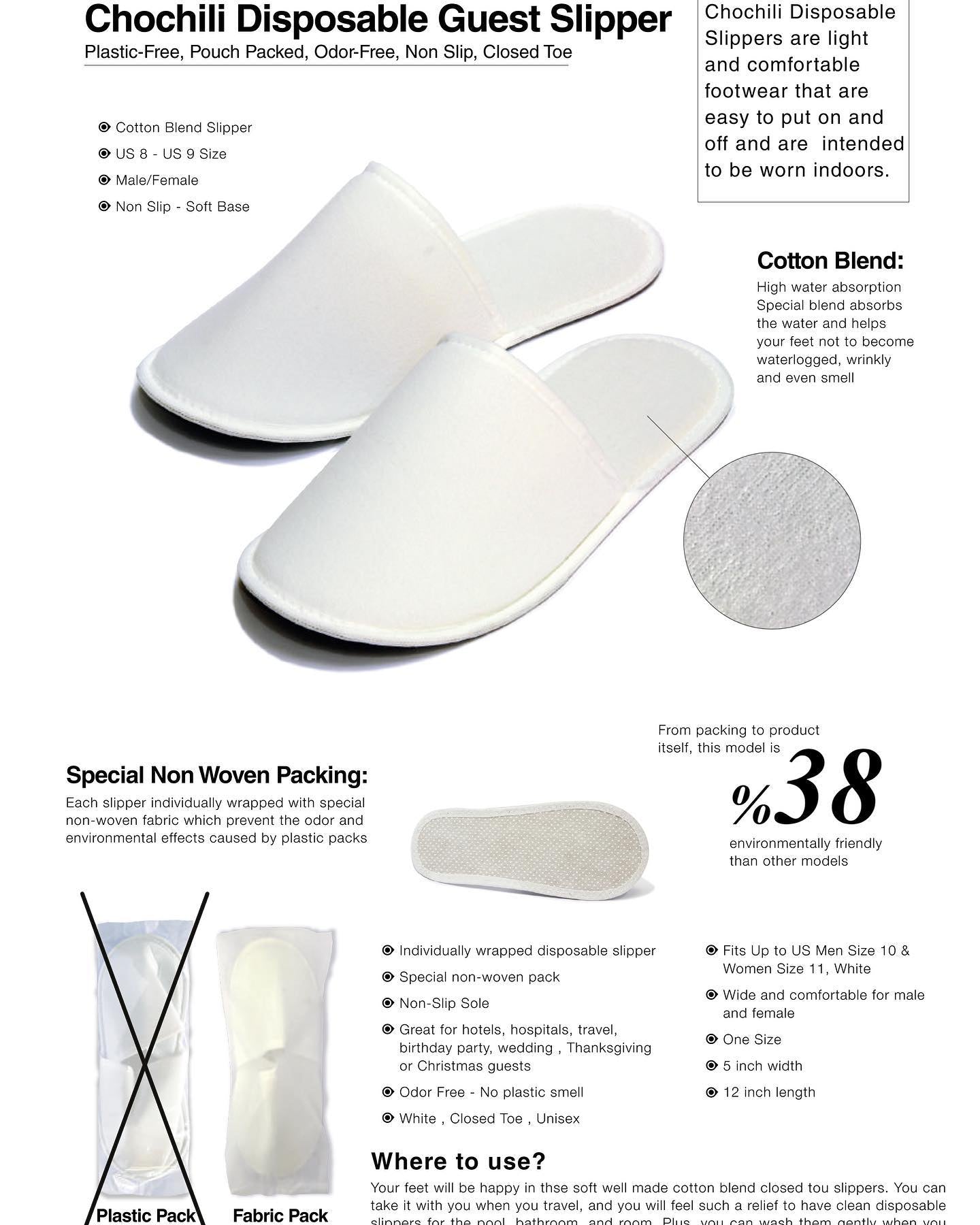 Chochili 420 Pairs Fabric Packed Non-Woven Disposable Hotel Slippers for Airbnb Spa Wedding Guests Adult Men Women Size 10-11, White - supplyity
