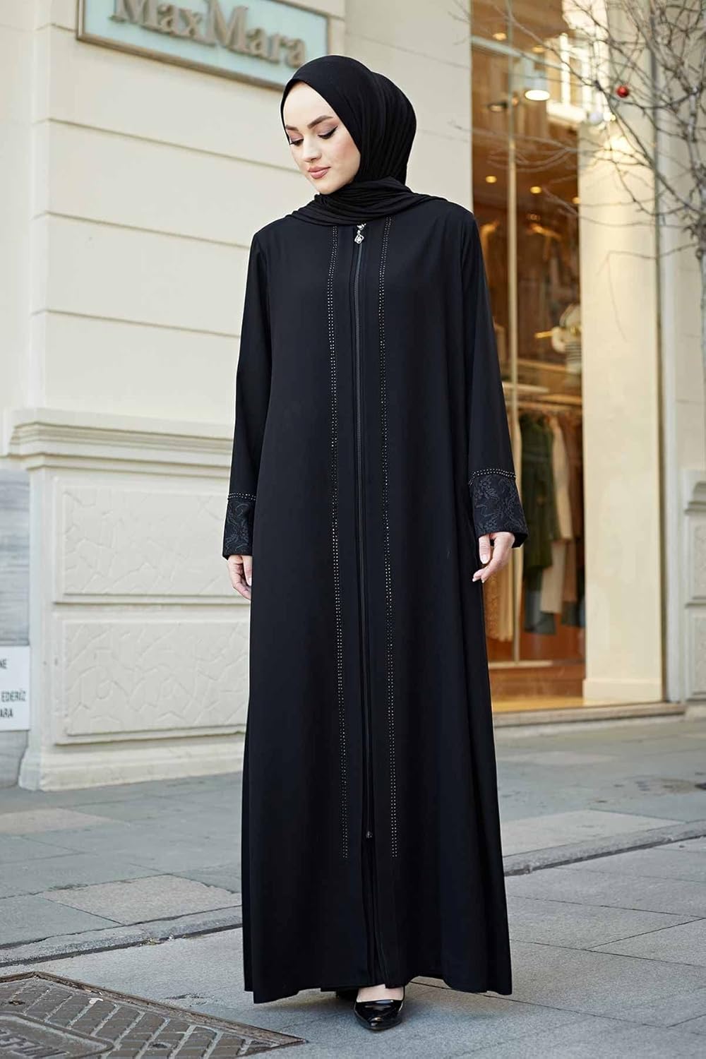 Women's Abaya Lace Applique Long Sleeve Floor Length Turkey Zipper Islamic Fashion