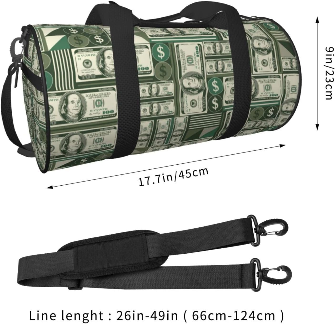 Money Sports Gym Bag Geometric Hundred Dollar Bills Travel Duffel Bag Shoes Compartment For Men Women Foldable Lightweight Yoga Gym Sports Bag