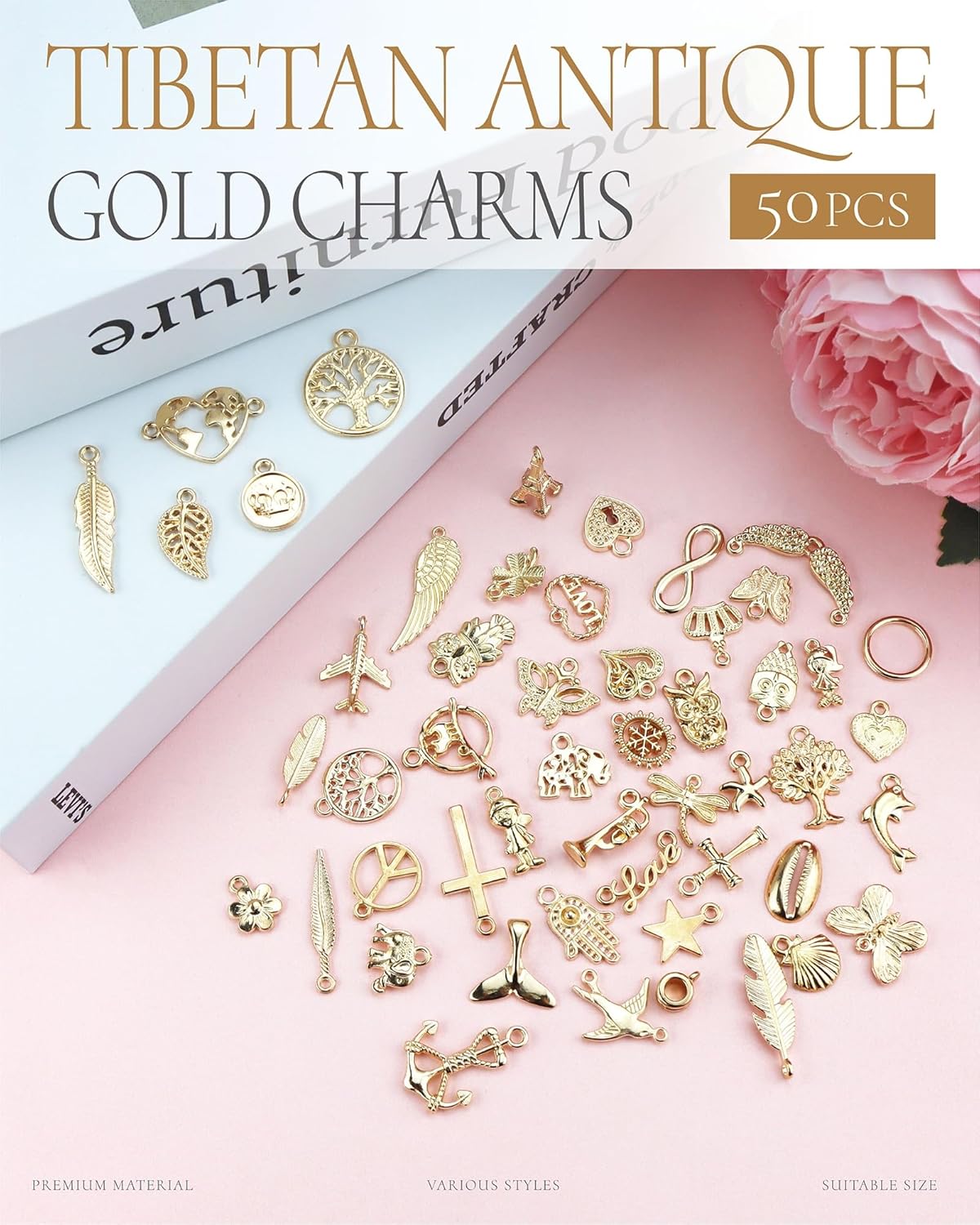 JIALEEY Wholesale Bulk 50PCS Mixed Gold Charms Pendants DIY for Necklace Bracelet Jewelry Making and Crafting