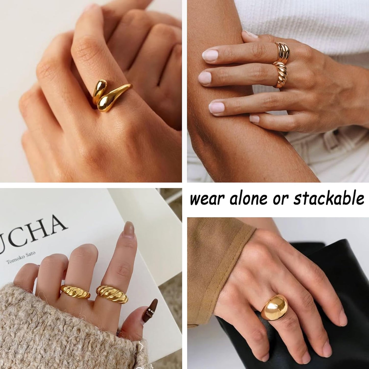 ÌF ME 10 PCS Gold Rings Set for Women Non Tarnish, 18K Gold Plated Chunky Stackable Rings, Statement Stacking Womens Ring Pack