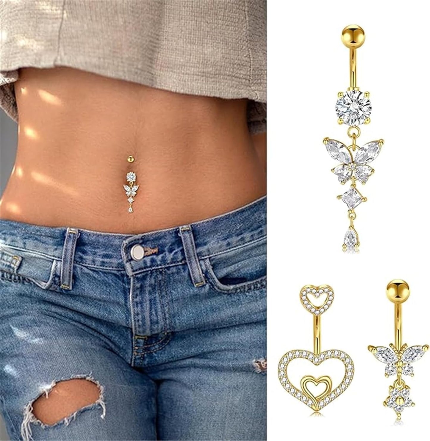JIESIBAO 14G Belly Button Rings,316L Stainless Steel Heart CZ Navel Barbell Stud Jewelry Dangle Curved Navel Rings Heart Belly Ring Piercing for Women Men 10mm