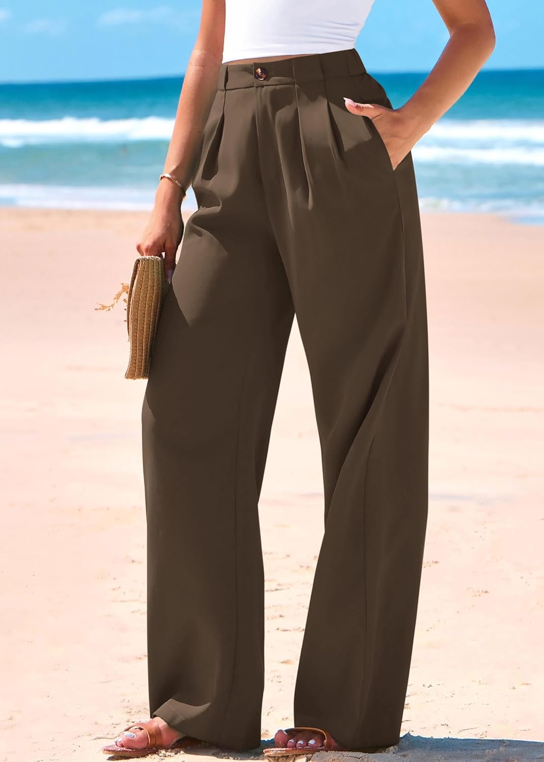 KIRUNDO Wide Leg Dress Pants for Women High Waisted Office Work Trousers Business Casual Slacks Button Flowy Palazzo Pant