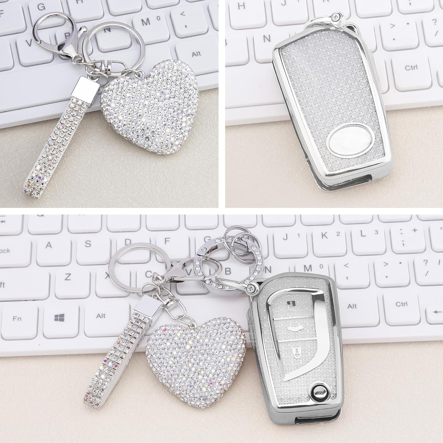 for Toyota 3 Buttons Key fob Cover with Diamond Heart Keychain, Car Accessories TPU for Fortuner Tundra Camry RAV4 Highlander Corolla Smart Key, Silver Clear