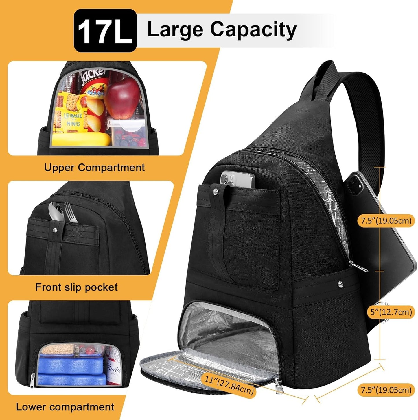 Crossbody Lunch Backpack, Double Deck Large Insulated Lunch Box for Men Women Adult, Leakproof Lunchbox with Side Pokets for iPad, Small Cooler Bag for Work Office Hiking Beach Picnic, Black